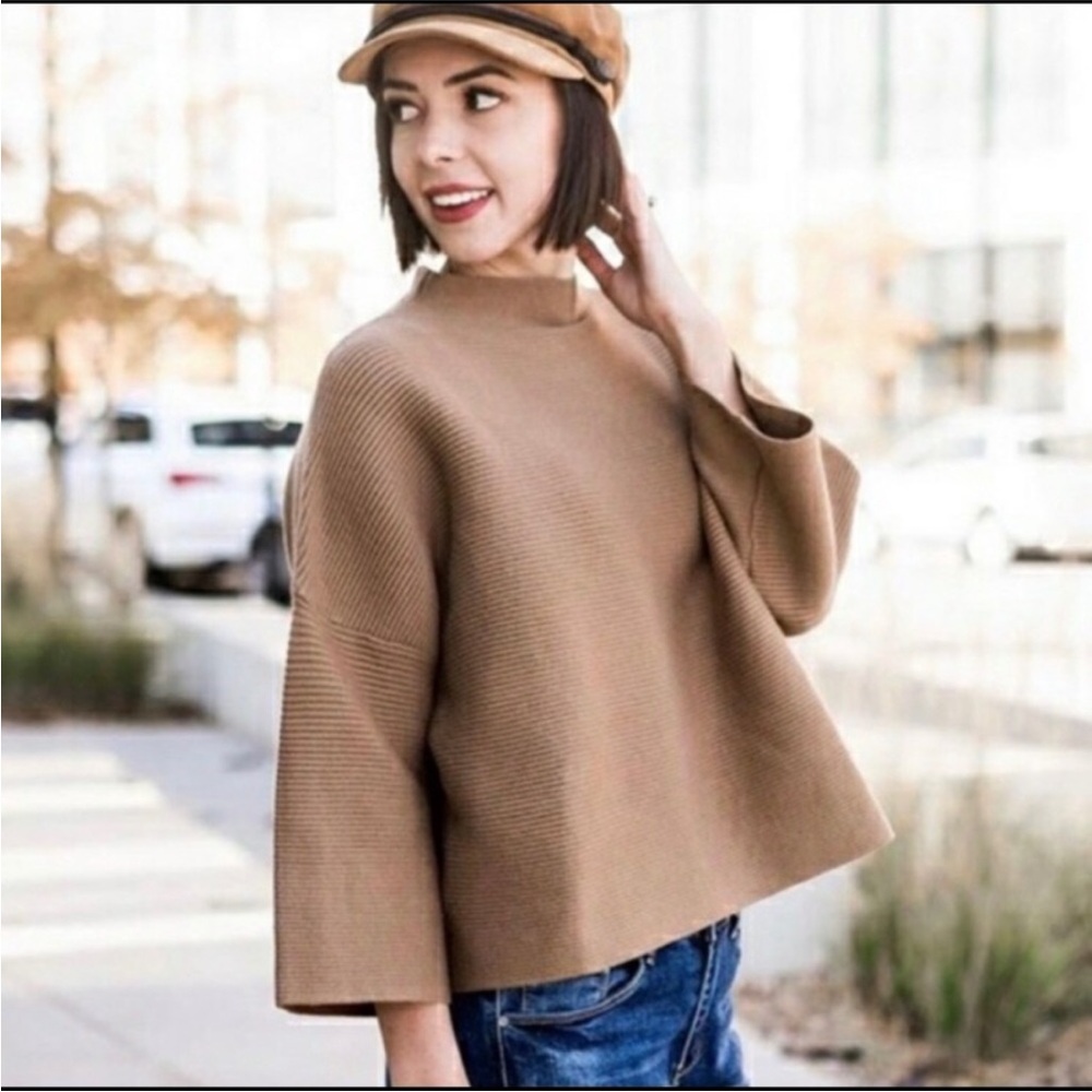 Ellison Tan Mock Neck Ribbed Minimalist Boxy
Cropped Sweater